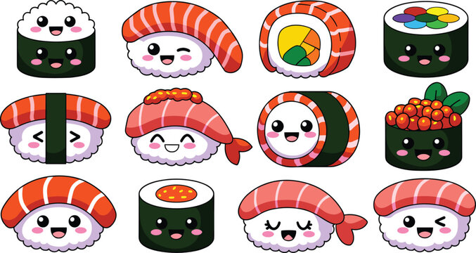 Cute sushi cartoon character set featuring kawaii maki rolls salmon nigiri shrimp ebi maki and gunkan ikura with happy smiling faces