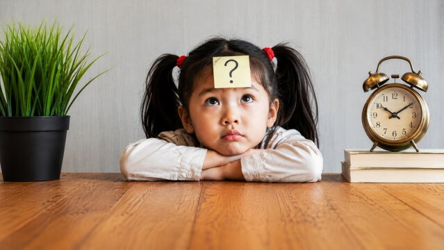 A thoughtful child with a question mark sticky note on her forehead looks up, surrounded by a plant, clock, and books, conveying curiosity and contemplation.