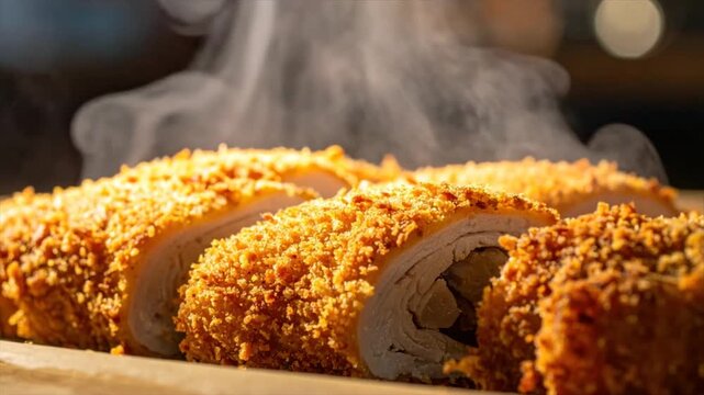 Close-up of sliced, breaded and steaming food rolls, possibly chicken. Warm lighting, shallow focus