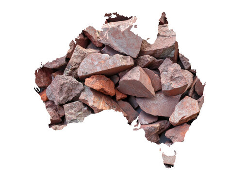 Australia map silhouette filled with iron ore raw material from mine in Pilbara. Mining hematite, goethite and minerals. Showing rich Australian metal geological reserves