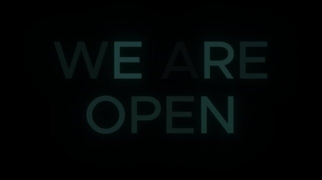 Vivid Cyan Neon Sign 'WE ARE OPEN' with Continuous Loop on Clear Background, Great for Tech and Focus Motivation Vlogs