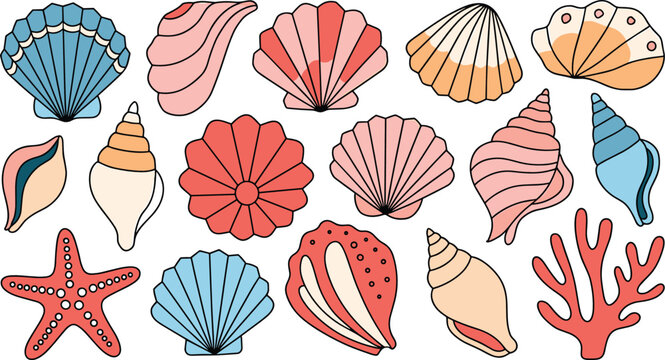 Seashell vector collection featuring pastel colored scallop shells spiral conches starfish and coral branches for marine summer beach patterns