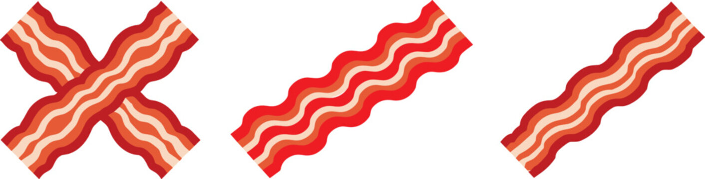 Bacon strip vector collection featuring crispy wavy fried pork rashers arranged in single diagonal lines and an crossed pattern for breakfast menu designs