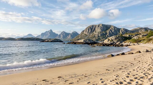Golden sand meets gentle waves under bright blue sky. Rocky mountains loom behind the tranquil shoreline. Soft clouds drift above the calm sea. Footprints mark the beach, hinting at recent visit