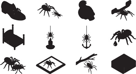 Set of black spider icons and silhouettes showing various arachnid poses and creepy insect activities © mstfensy