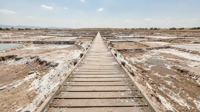 Wooden path leads through salt flats. Distant hills frame the wide landscape. White salt patches contrast with brown earth. Sky is clear with soft, scattered clouds