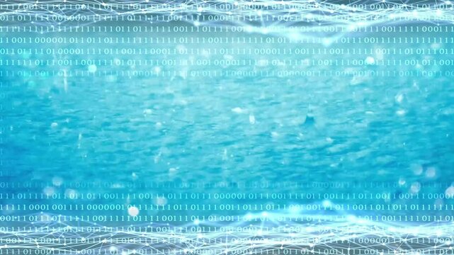 binary code and data grid over falling drops in water surfcae, blue motion graphics overlay concept background for digitization and tokenization of water resource