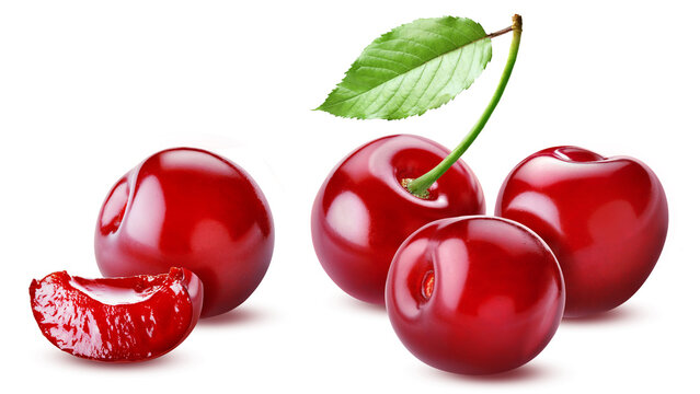Three whole and one sliced juicy ripe sweet cherries isolated on transparent background.