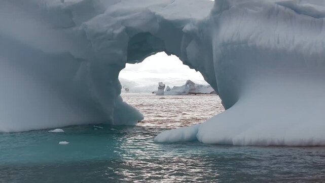 Aerial view of a natural arch formed in massive Antarctica icebergs floating in the cold ocean waters of Antarctica.
