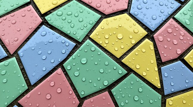 Pastel colored irregular geometric tiles covered with clear water droplets. Abstract textured surface pattern with refreshing rain effect. Simple modern background design.