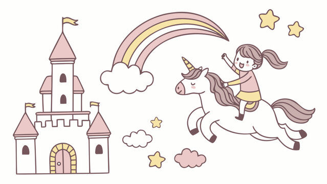 Cute unicorn elements for kids, featuring a little girl riding a magical horse with wings, a castle, and a rainbow.
