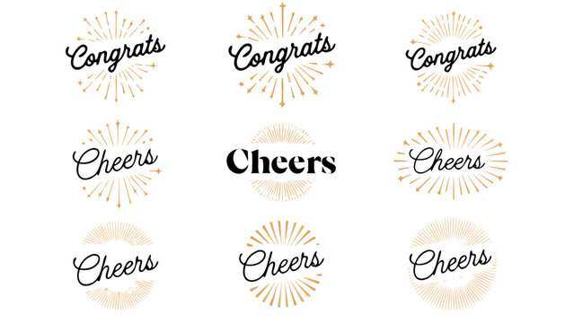 Collection of celebratory congrats and cheers typography designs with sunburst lines.