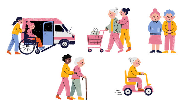 Whimsical hand-drawn illustrations of diverse caregivers assisting elderly people with daily life.