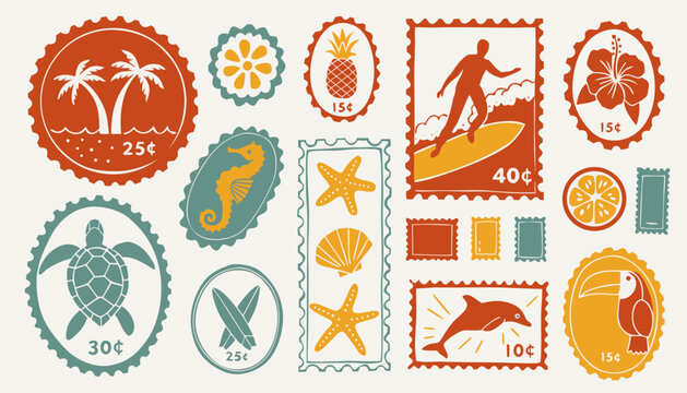 A whimsical flat design illustration featuring a collection of vintage tropical travel stamps with beach and ocean elements.