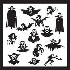 Obraz premium Set of black vampire silhouettes with capes and bat wings for halloween party design elements collection