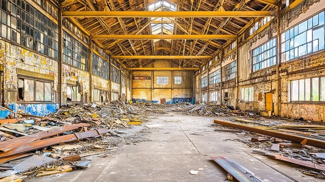 Abandoned industrial warehouse interior with yellow steel beams, broken windows, and rubble strewn across the floor
