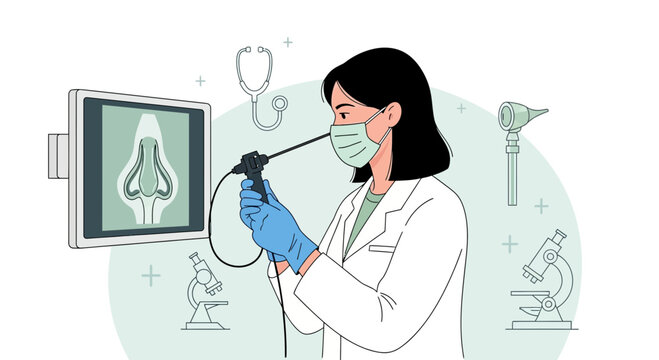 Doctor performs endoscopic procedure, medical illustration