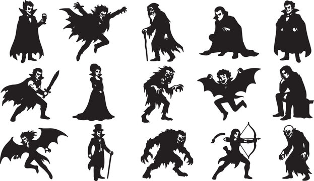 Set of black silhouette vampire and monster character illustrations for halloween party and design