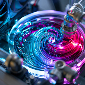 Neon blue and pink liquid coolant vortex spinning in a gaming PC water cooling reservoir