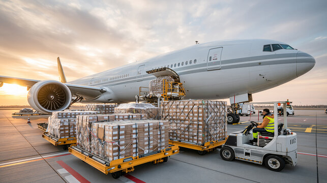 Air Freight Logistics: Efficient Cargo Plane Loading and Unloading at Twilight with Heavy Machinery and Shipping Containers