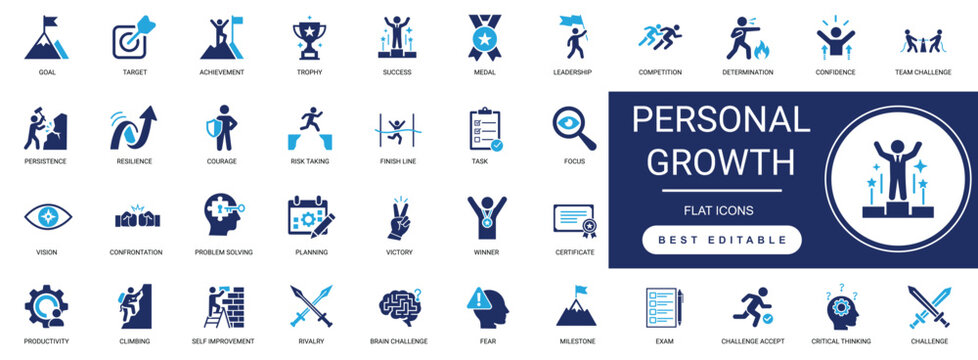 personal growth solid icon set featuring self improvement, mindset, goal setting, success, learning, motivation, and progress. editable vector illustration collection.