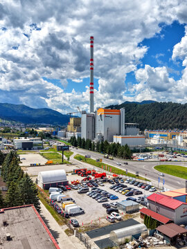 Aerial drone view of Mondi SCP paper mill and industrial area in Ruzomberok, Slovakia