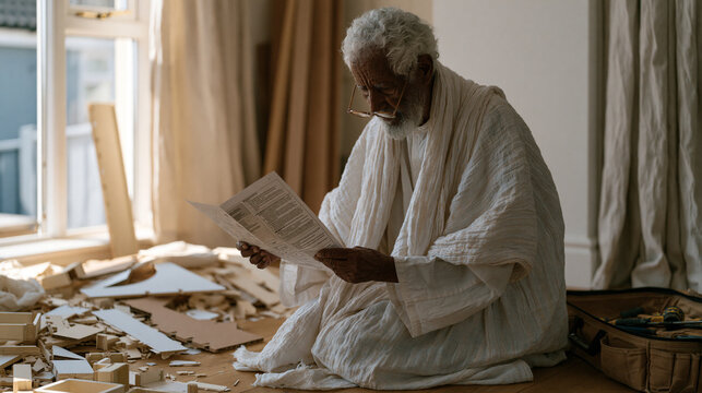 Elderly Ethiopian grandfather kneeling on hardwood floor surrounded by scattered flat pack furniture parts, printed instruction sheet held at arm's length, reading glasses perched