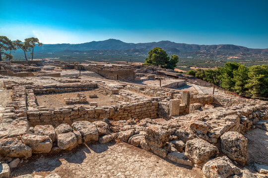 Ancient Phaistos ruins with mountain landscape on Crete, Greece