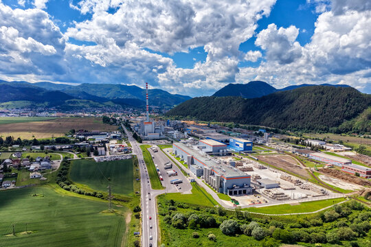 Aerial drone view of Ruzomberok with Mondi SCP paper mill and mountains in Slovakia
