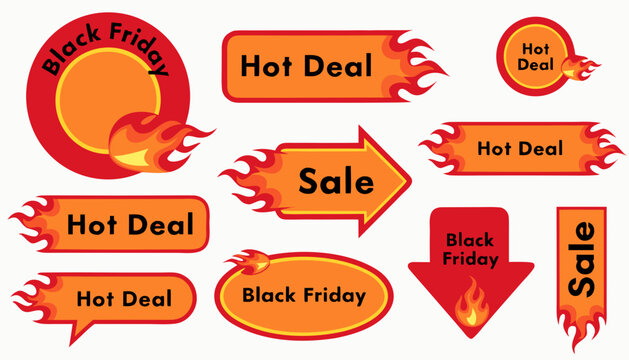 Set of diverse flat design marketing stickers for black friday and hot deal sales with fiery flame accents