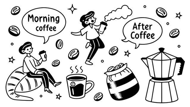 Set of coffee themed doodle illustrations with people drinking coffee beans and moka pot for cafe menu design
