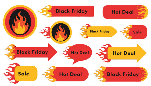 Set of vibrant flat design marketing stickers with fire flames for Black Friday sales and hot deal promotional events