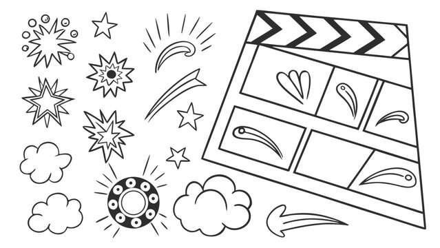Set of diverse hand drawn doodle accents featuring comic book style explosions stars and film clapperboard icons