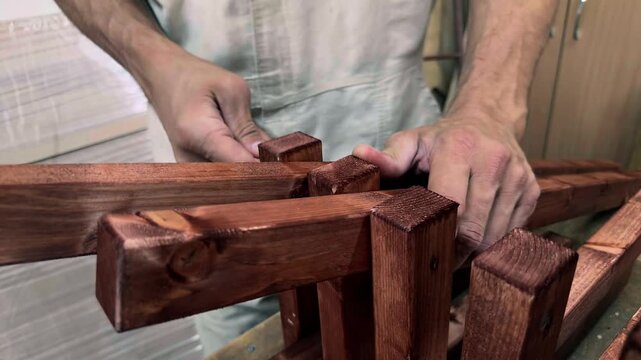 Close up of an unrecognizable self-employed carpenter in work overalls threading stained wooden blocks onto a metal rod while assembling outdoor garden furniture in a private domestic workshop