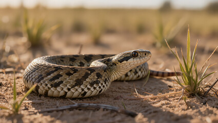 Naklejka premium Plains Hognose Snake crawling on sandy ground in its natural prairie habitat