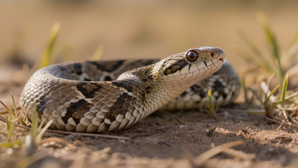 Naklejka premium Plains Hognose Snake crawling on sandy ground in its natural prairie habitat
