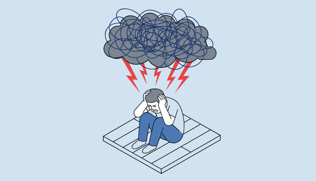 Man sitting on the floor clutching his head beneath a dark storm cloud with red lightning bolts signifying stress and anxiety.