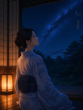 Young woman in a yukata sitting on a traditional wooden veranda, gazing up at the Milky Way on a summer night