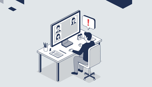 Professional sitting at a desk during a virtual video conference on a large computer monitor, managing work tasks with an alert.