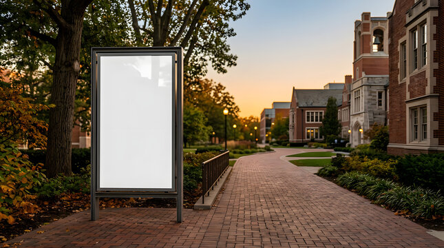 blank billboard on college campus pathway