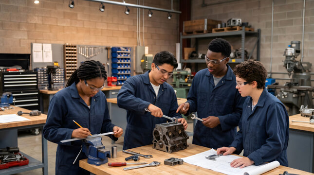 Apprentice, Vocational. Group of teens with tools, apprentice for a job, learning new skills, generative AI