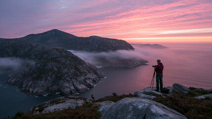 Fototapeta premium Sunset Adventure Over Coastal Mountains: Dramatic Sky and Silhouettes in Nature Photography