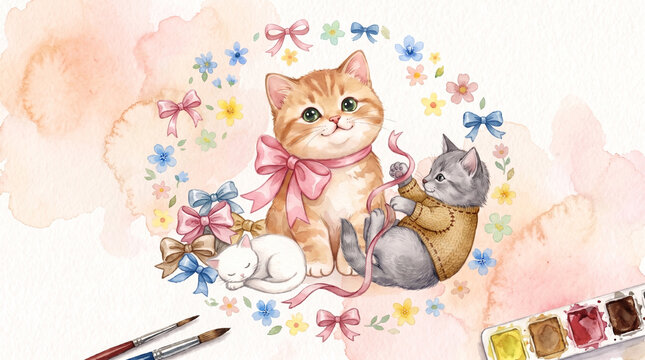 Charming kittens cheerfully playing and sleeping inside a floral wreath against a watercolor background with copy space