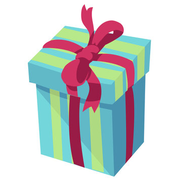 Blue and Green Striped Gift Box with red Ribbon Vector Illustration