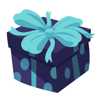 Dark Blue Polka Dot Gift Box with Light Blue Ribbon Vector Illustration