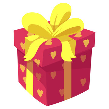Red Gift Box with Heart Pattern and Big Yellow Ribbon Vector Illustration