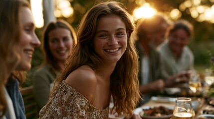 Obraz premium Young woman smiling at outdoor dinner party during golden hour sunset