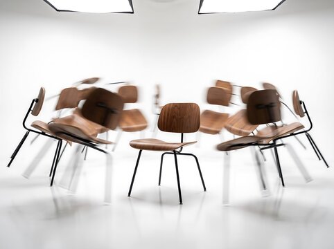 Dynamic 360-degree rotation of a mid-century modern plywood chair with metal legs on a white background