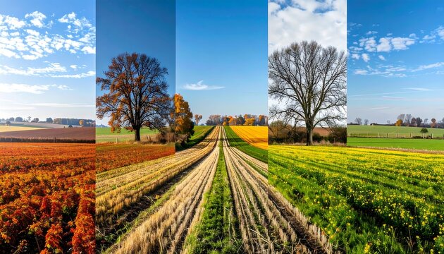 Seasonal Rural Farmland Collage Showing Fields and Trees Under Blue Sky