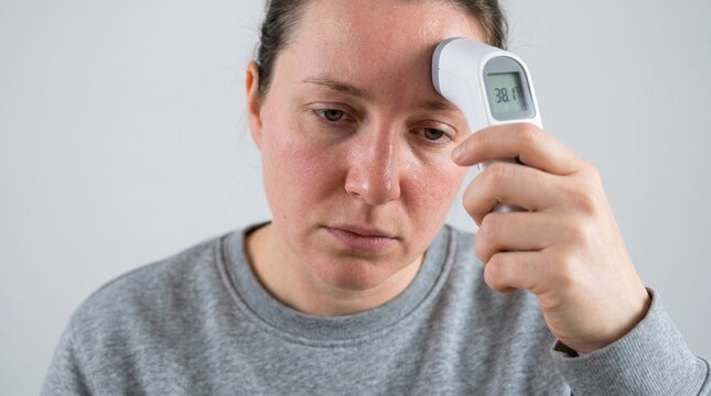 woman checking temperature with infrared forehead thermometer